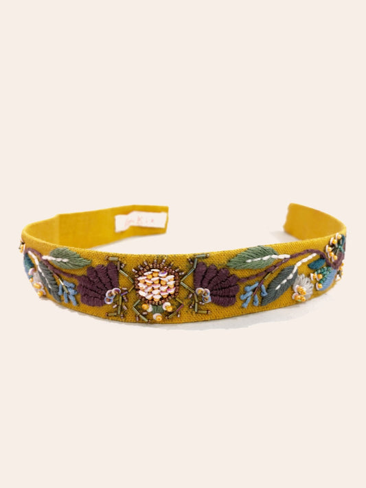 Hand embroidered floral hair band (yellow). image 1