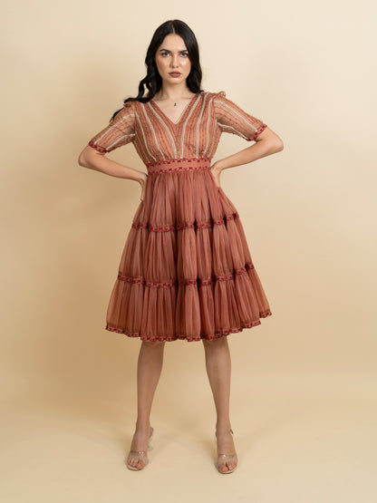 Golden galaxy embroidery in narrow pleated dress. image 0