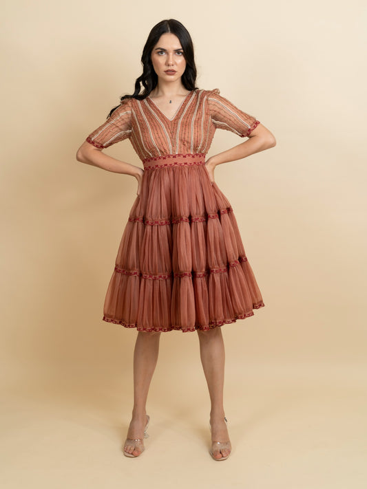 Golden galaxy embroidery in narrow pleated dress. image 0