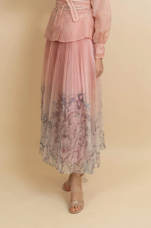 Print pleated ombre organza skirt. (Rose gold)
