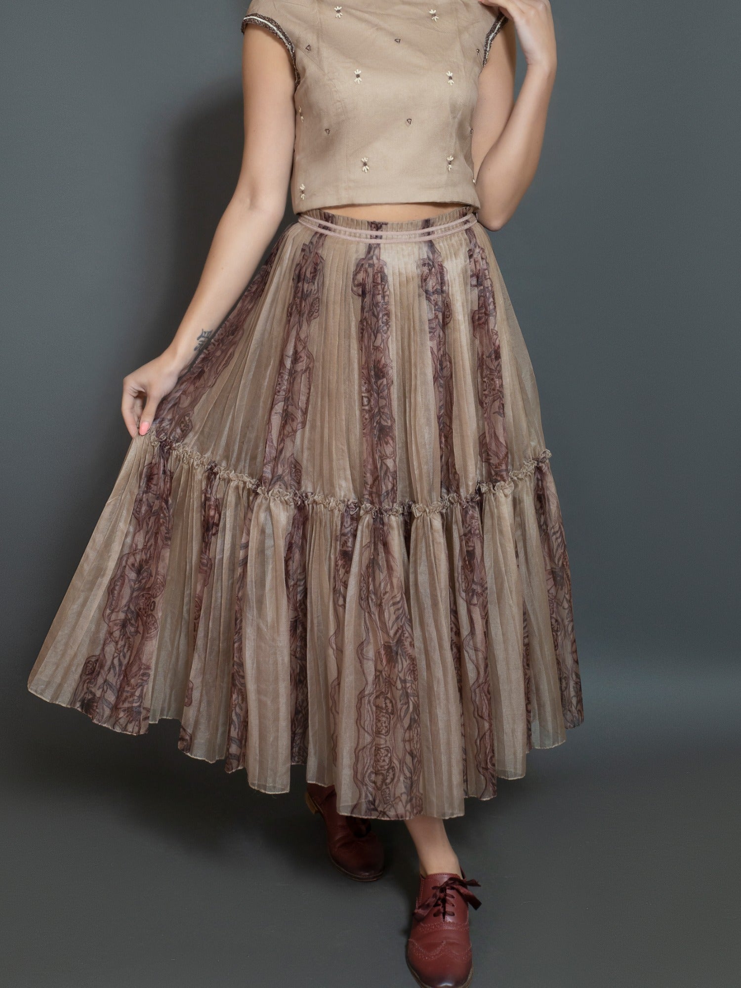 Printed organza 2 layer skirt. (Dark olive) image 0
