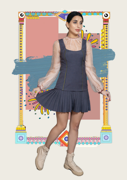Blue skater pleated dress. image 1