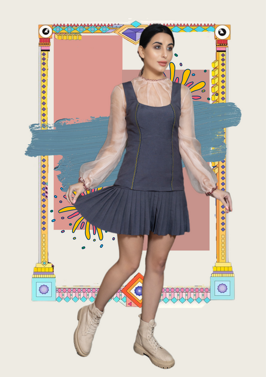 Blue skater pleated dress. image 1