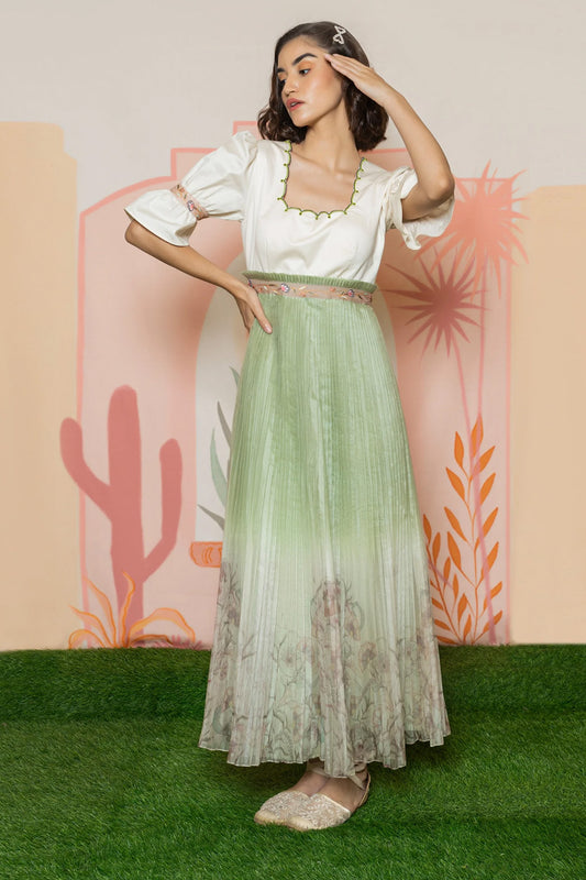 Off-white with green-ombre dress.