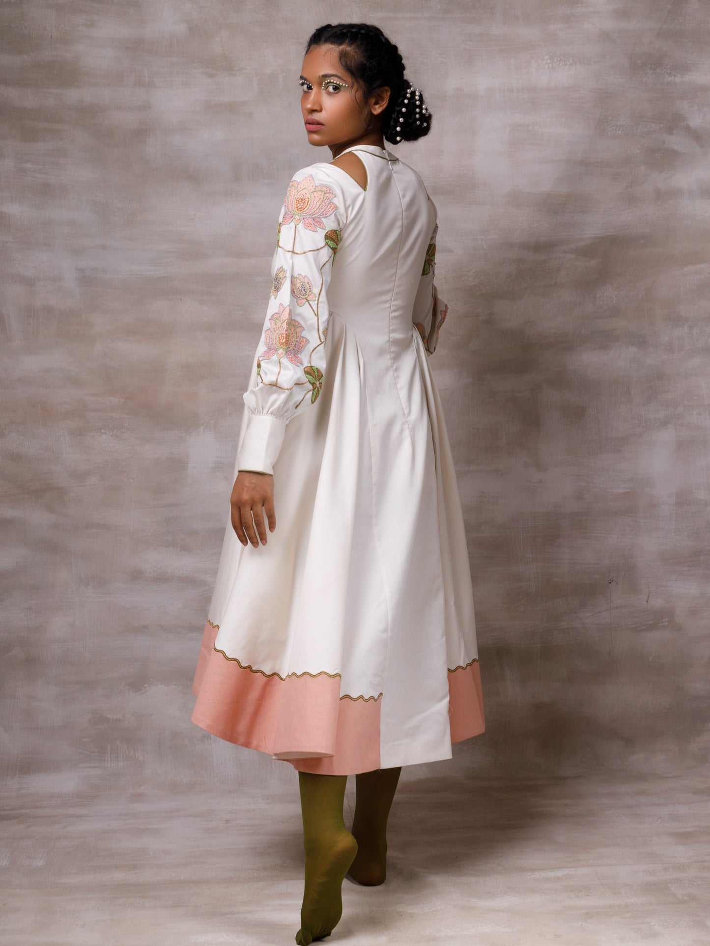 Off white drape dress with embroidered sleeves. image 4