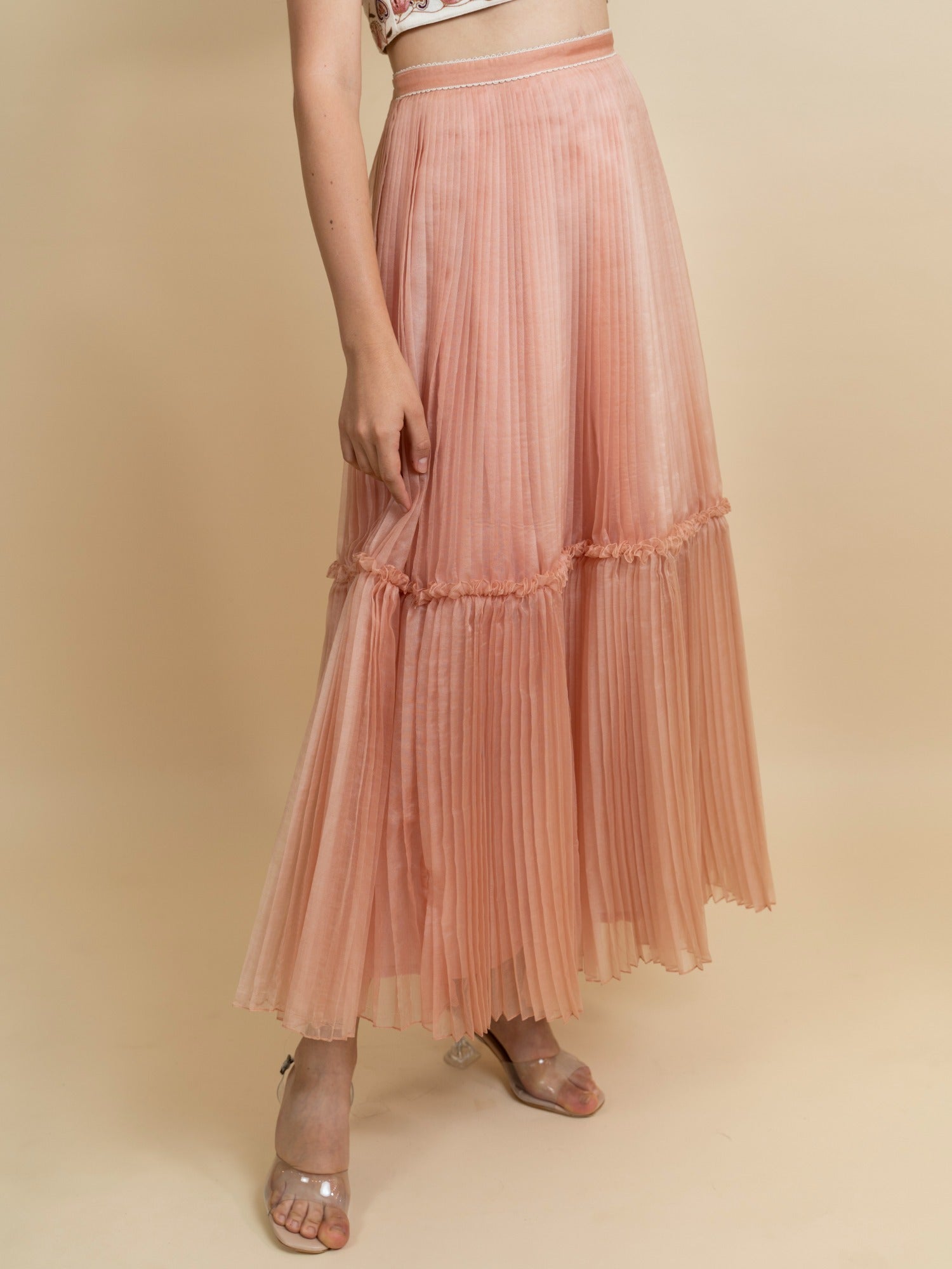 Double layered pleated organza skirt. (Peach) image 0
