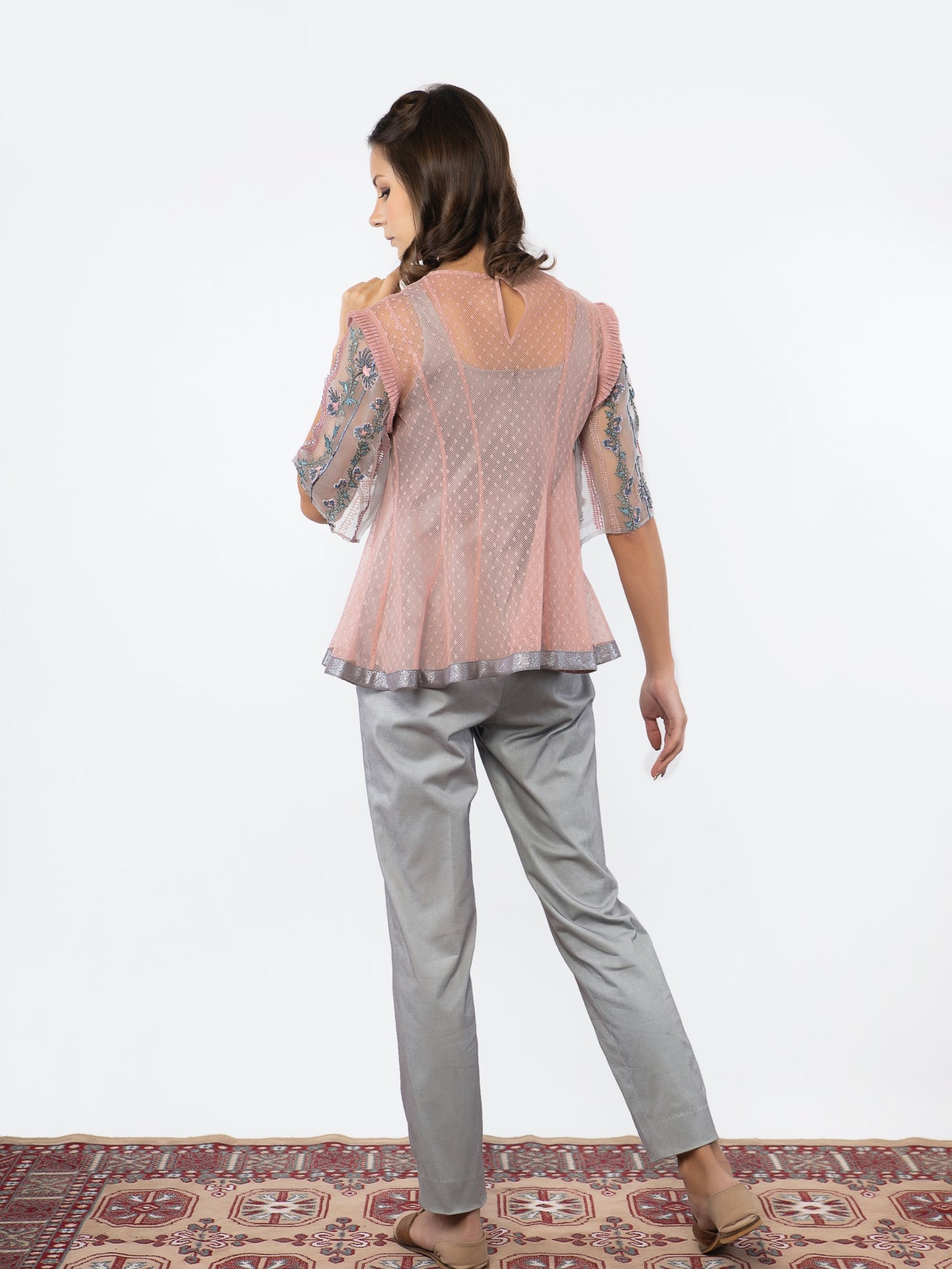 Vintage pink shear top with grey jumpsuit. image 2