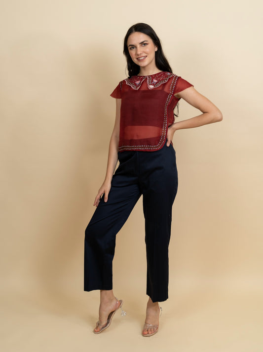 Silk organza embroidered top with pants. (Red) image 1
