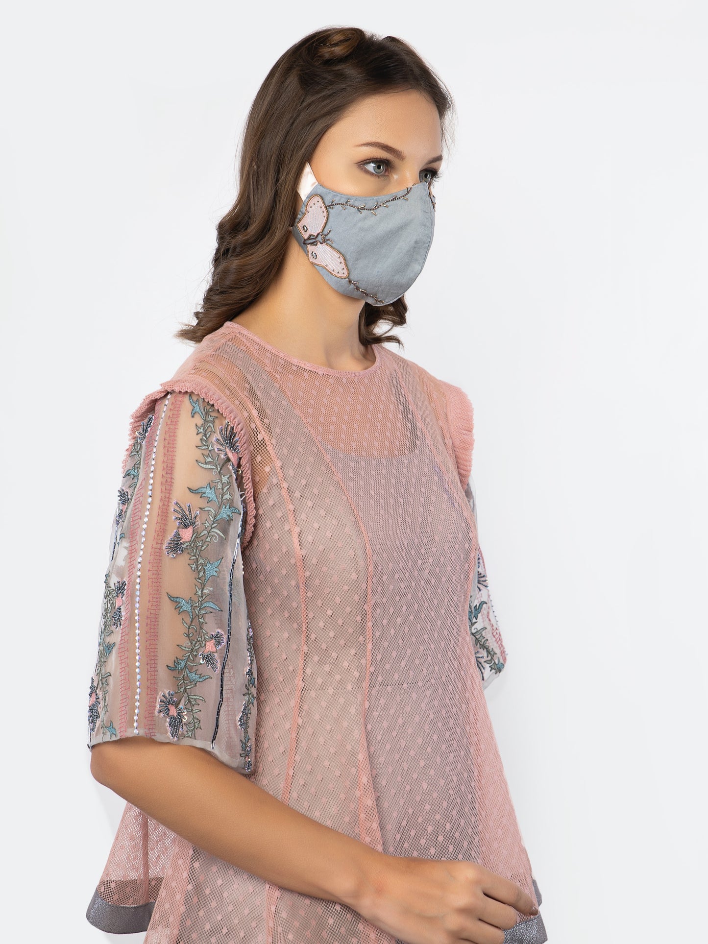 Vintage pink shear top with grey jumpsuit. image 1
