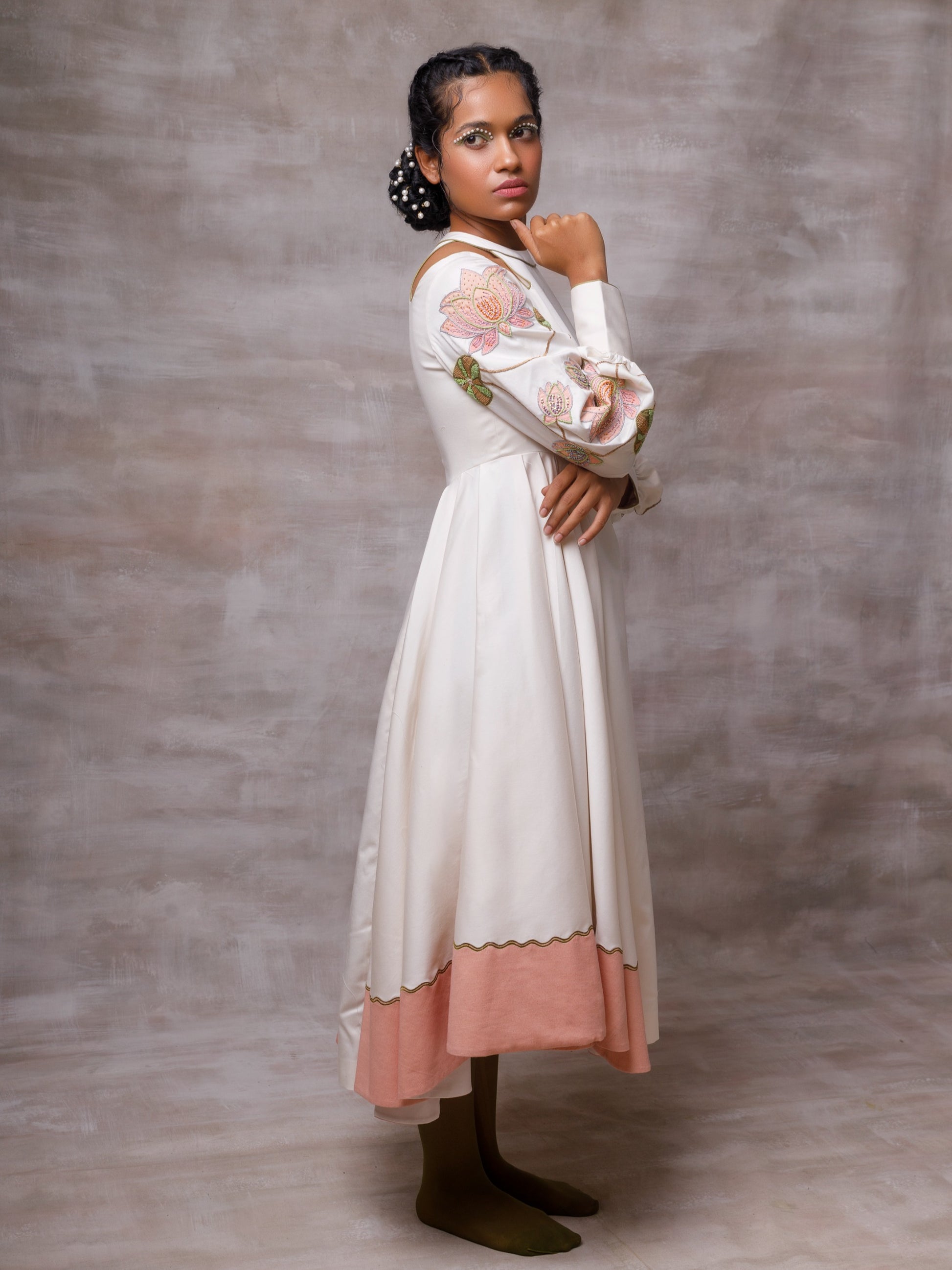Off white drape dress with embroidered sleeves. image 2