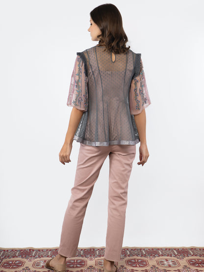 Blue shear top with rose gold jumpsuit. image 2