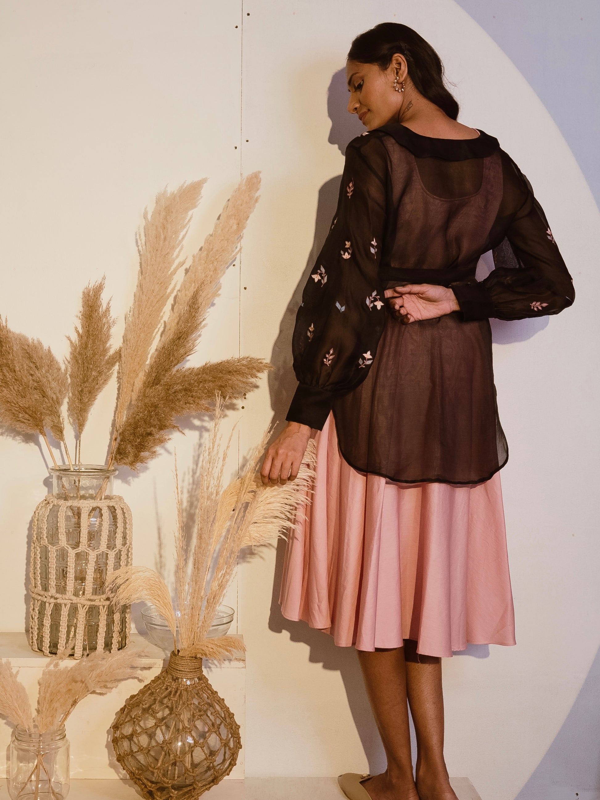 Black organza shirt with pink dress image 3